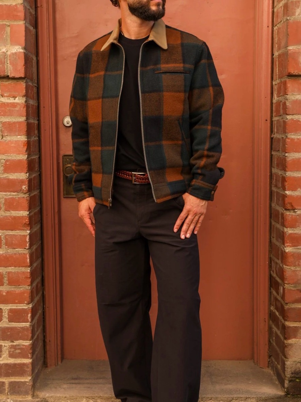 Men's Plaid Zip-Up Wool Jacket in Brown & Dark Green